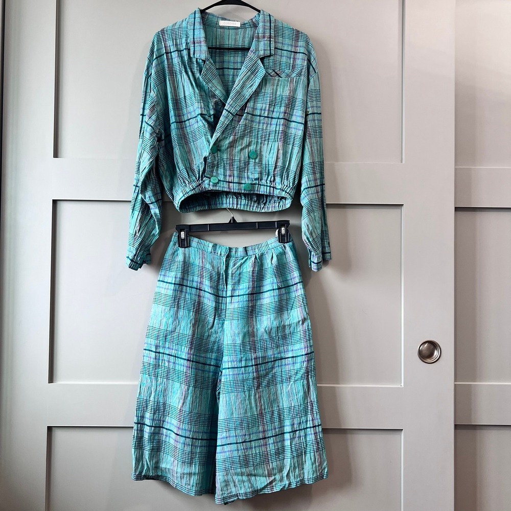 Cordier Sz XS/2 Plaid 2‎ Piece Set Women Teal Cropped Jacket Culottes Vintage